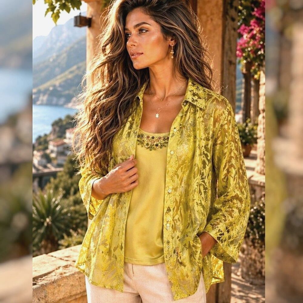 Burnout 2pc Sz 20 Sheer Green Gold Embellished Tank Sheer Blouse Set Vacation